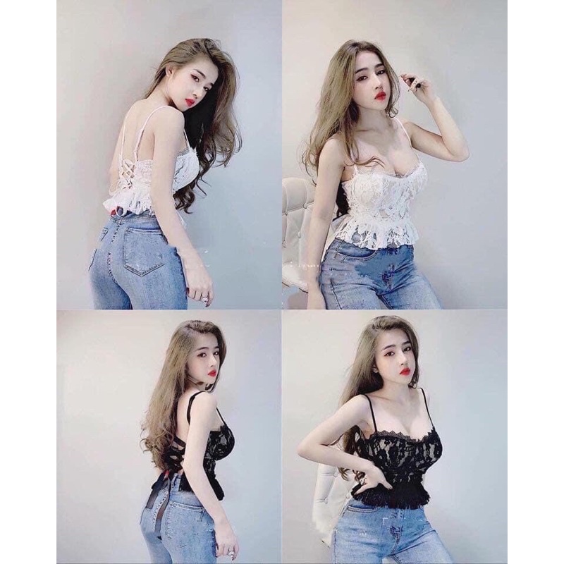 áo hai dây ren retro hở lưng đan dây nơ