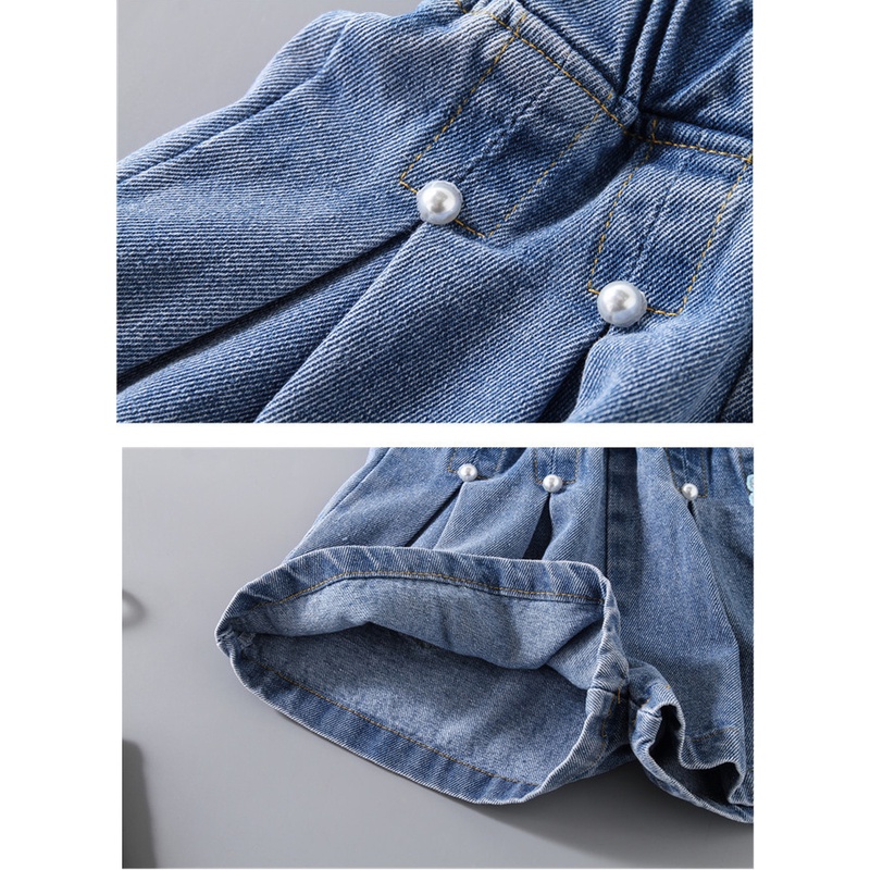 Quần Short Jean Viền Bèo Đính Ngọc Trai Thời Trang Cho Bé 3-7 Tuổi