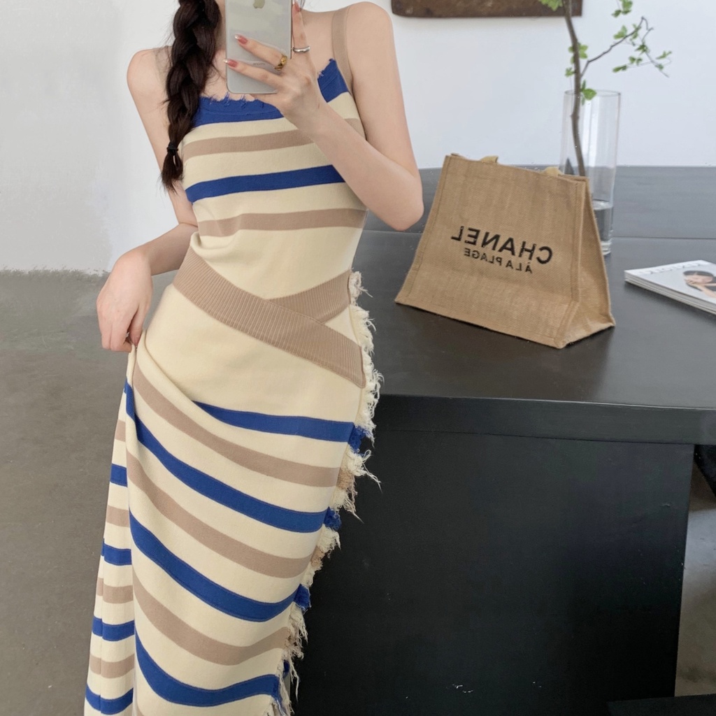 Đầm Hai Dây Dáng Ôm Co Giãn In Họa Tiết Kẻ Sọc Phối Tua Rua Thời Trang Mùa Hè Phong Cách Hàn Quốc Cho Nữ