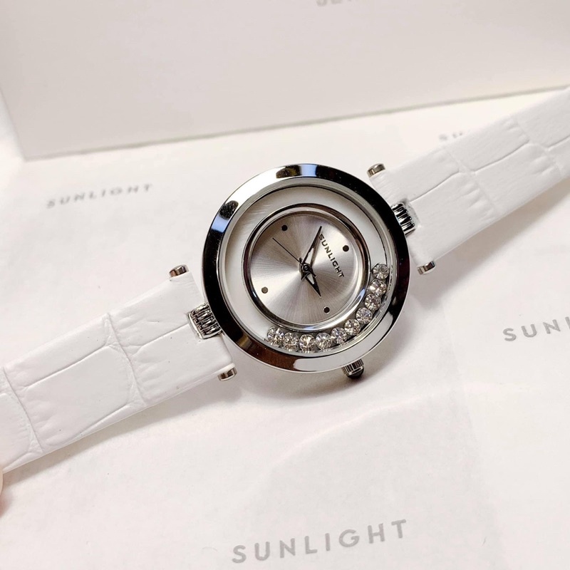Đồng hồ nữ thương hiệu Sunlight dây da trắng mặt đá xoay chuẩn auth mã 69909