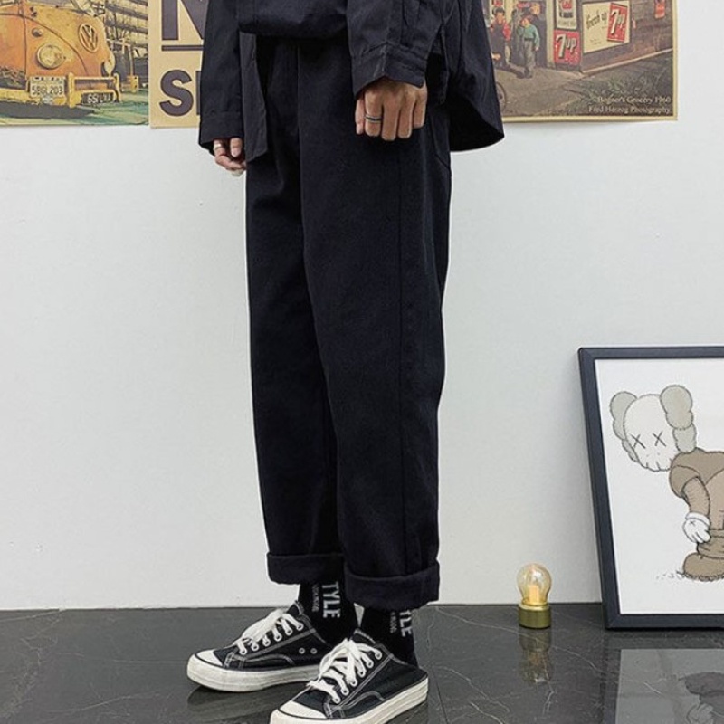 Quần jean ống rộng màu trơn phối dây rút thời trang cho nam size S-3XL