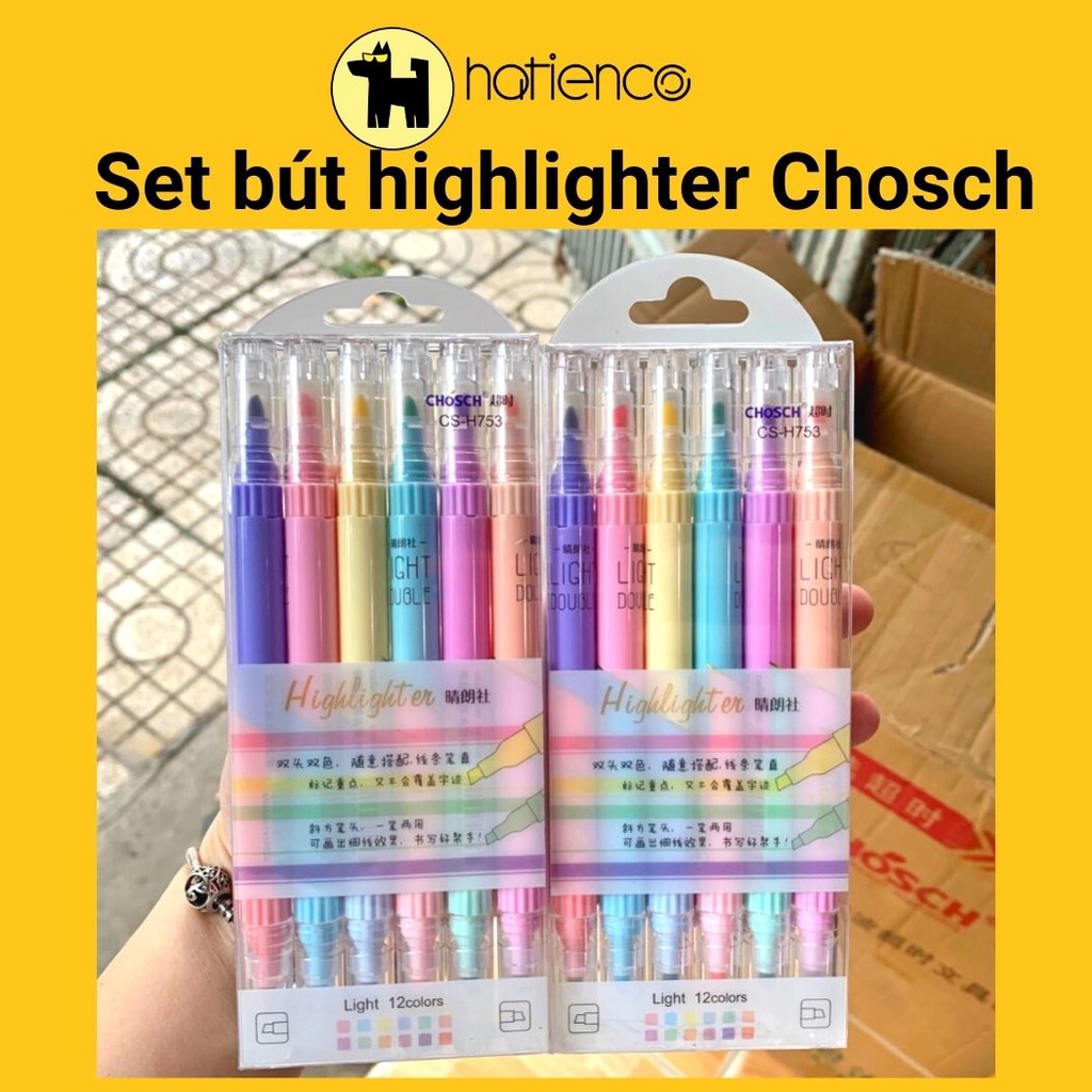 Set 6 bút highlight, bút dạ quang 2 đầu màu pastel Chosch xịn