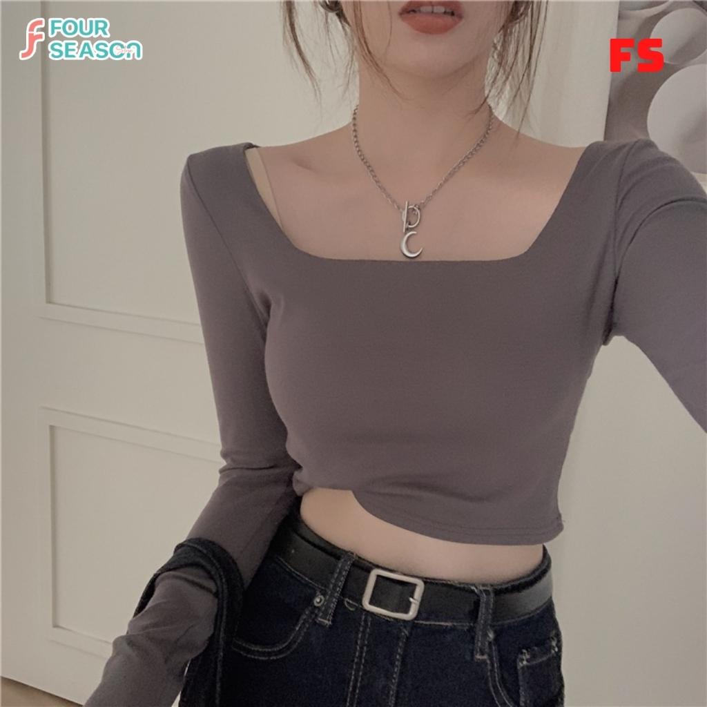 Áo croptop tay dài cổ vuông dáng ôm co giãn ACT08 4S áo thun nữ chất vải tốt mềm mịn