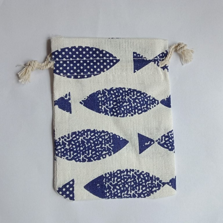 Túi vải nhỏ dây rút vải bố mềm họa tiết vitage cá xanh có dây rút tiện lợi kích thước 10x14cm - shop kỳ lân