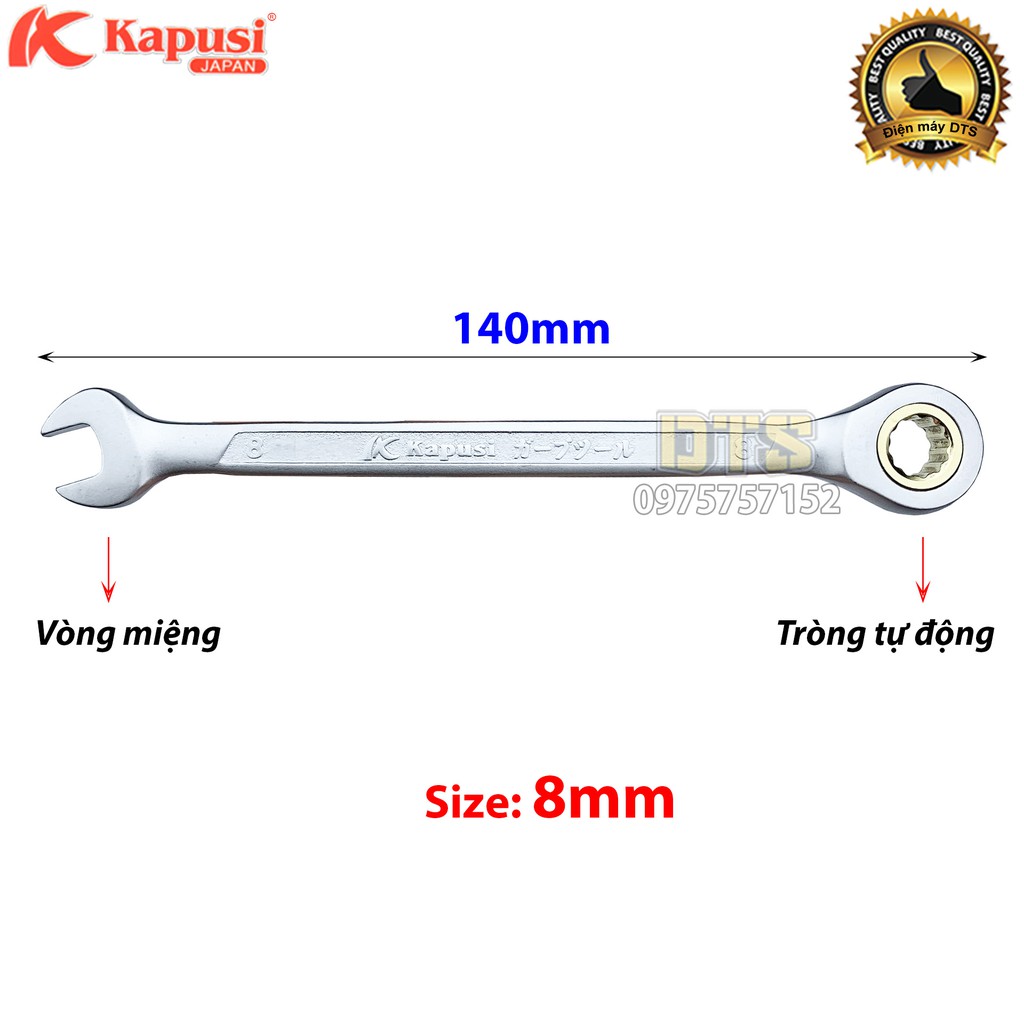 Cờ lê vòng miệng tự động 8mm Kapusi Japan, thép CR-V chịu lực cao 50BV30, bánh cóc 72 răng - Cờ lê tự động xoay 360 độ