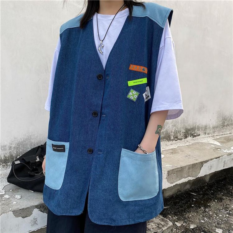 Áo Khoác Ghi Lê Có Túi Màu Sắc Tương Phản Phong Cách retro Cho Nam Nữ