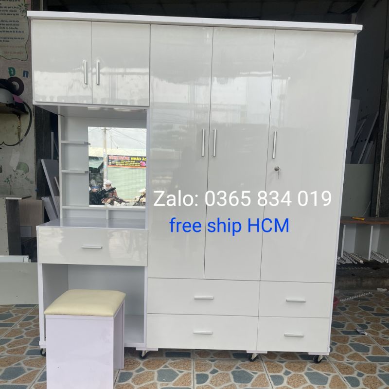 Tủ quần áo nhựa đài loan liền bàn trang điểm ngang 1m65 cao 1m8 tặng kèm ghế nệm