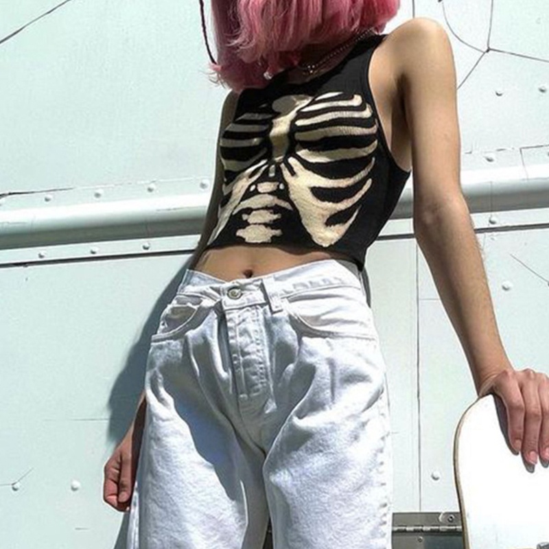 Áo croptop không tay in họa tiết bộ xương phong cách Harajuku thời trang mùa hè cho nữ