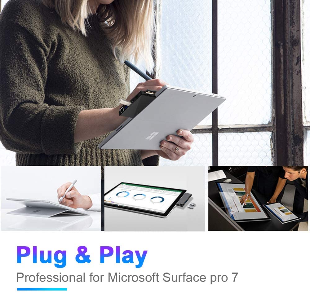 Trung tâm đế cắm Microsoft Surface Pro 7 Bộ điều hợp Surface Pro 2019 7 trong 2 với HDMI 4K, sạc USB C PD, 2 cổng USB 3.0 (5Gbps), Đầu đọc thẻ SD / TF, Đế cắm Gigabit Ethernet LAN Pro 7