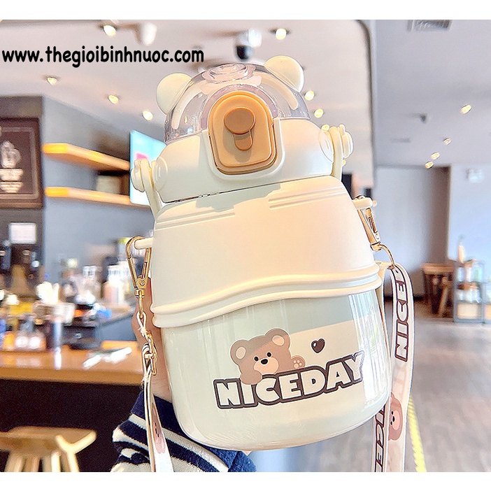 BÌNH GIỮ NHIỆT 1L GẤU NICE DAY DÂY ĐEO INOX 304 B493