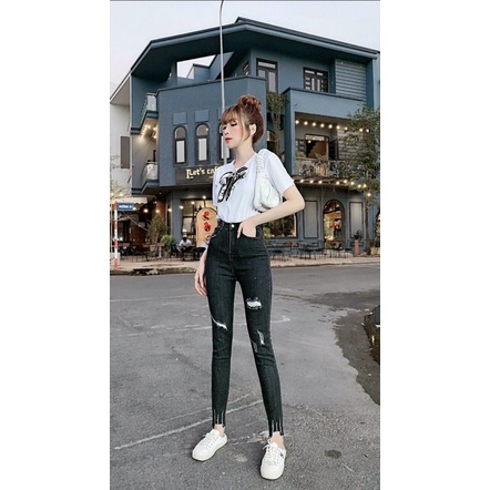 Quần Jean Nữ Bó Ống Dài, Rách Kiểu, Chất Jean Co Giãn