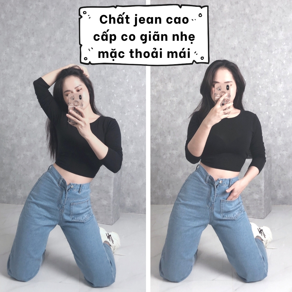 Quần jean nữ ống rộng ❤️ Cạp lưng cao dáng ống suông chất bò dầy dặn 1 túi trước trẻ trung LX14