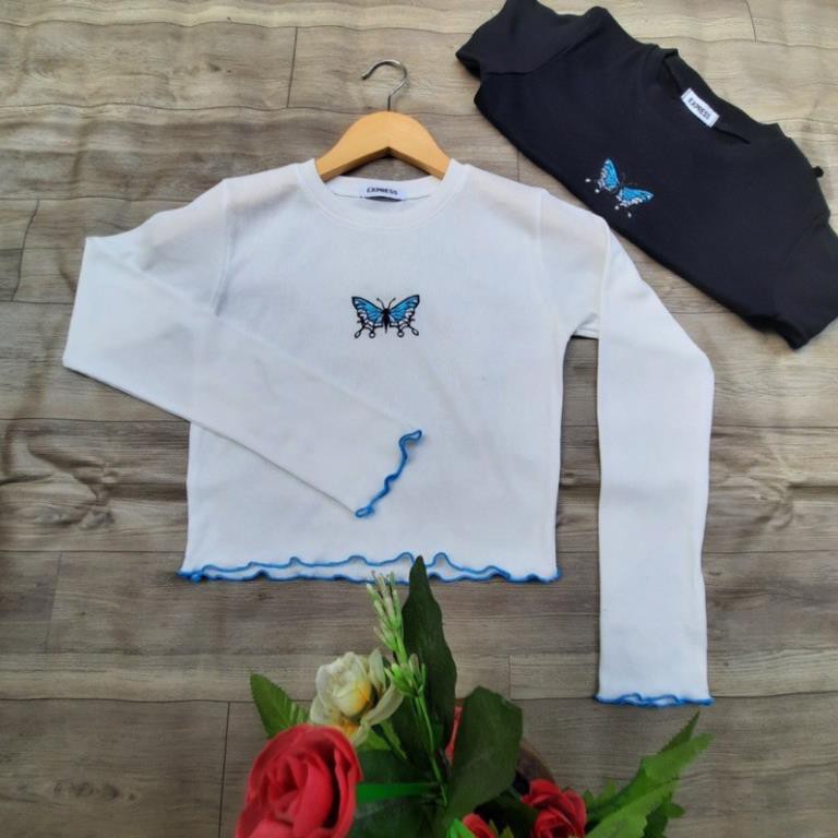 Áo Croptop Trắng Thun Tay Dài Cổ Trắng In Cánh Bướm Trắng Đen SHTACR06 Mys hitshop | BigBuy360 - bigbuy360.vn
