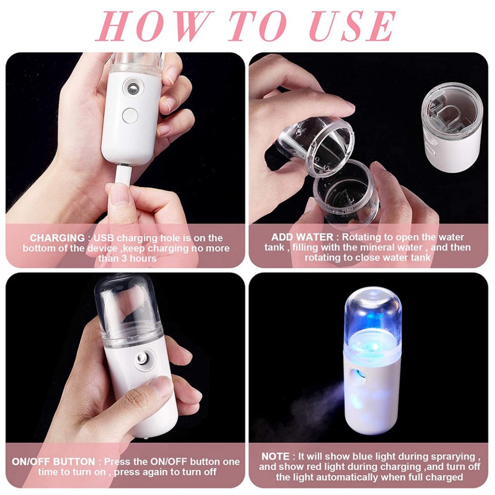 Máy Phun Sương Mini, Máy Xông Hơi Mặt Mũi Họng Làm Ẩm Không Khí Khử Khuẩn, Xịt Khoáng Nano Kèm Dây Sạc USB xd hcm