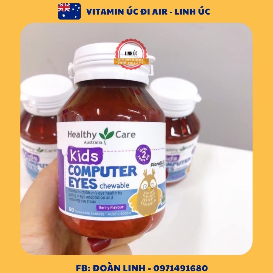 Bổ mắt Healthy Care Kids Computer Eyes cho Bé 60 viên, HÀNG CHUẨN ÚC, Viên Nhai Hỗ Trợ Mắt Cho Bé Healthy Care Kids