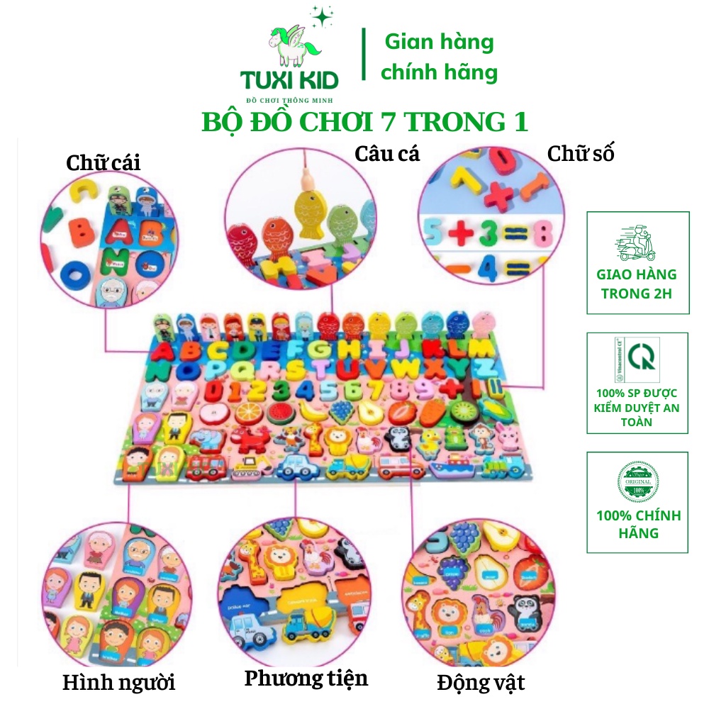 Bộ Bảng Gỗ Câu Cá Và Ghép Hình Học, Chữ Số, Chữ Cái, Phương Tiện cho bé