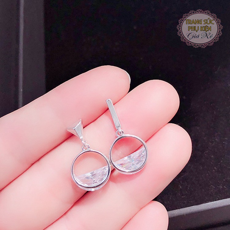 Bông tai thời trang cách điệu, vòng tròn đá HT161 bạc ý S925