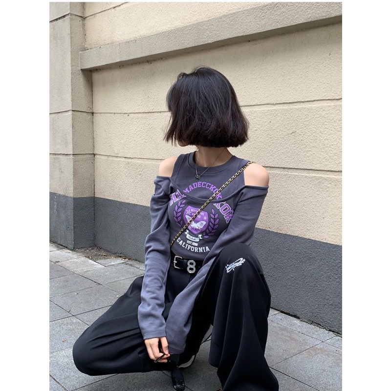 Áo Thun Tay Dài Hở Vai Giả Hai Lớp Phong Cách Mỹ Thời Trang Mùa Hè 2022 Dành Cho Bạn Nữ