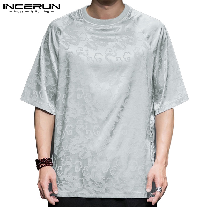Áo thun nam INCERUN dáng rộng tay ngắn in họa tiết rồng phong cách Trung Hoa retro