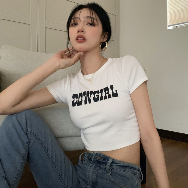 Áo Thun Crop Top Tay Ngắn Cổ Tròn Thoáng Khí In Chữ Phong Cách Hàn Quốc Cho Nữ