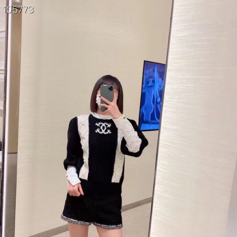 Áo len nữ tay bồng phối màu trắng đen cực thời trang thương hiệu Channel 𝘾𝙝𝙖𝙣𝙚𝙡 CN cao cấp