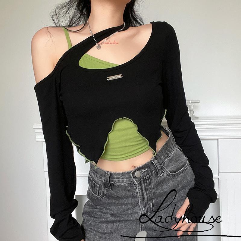 Bộ Trang Phục 2 Mảnh Áo Thun Tay Dài Lệch Vai + Áo Thun Tay Dài Màu Khối Dành Cho Nữ