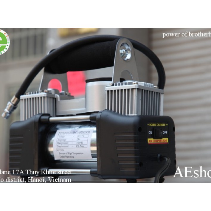 bộ bơm ô tô, xe máy, xe đạp dùng điện 12V theo xe cao cấp thân kim loại 2 piston