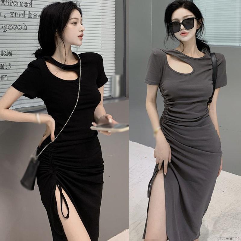 Đầm Nữ Dáng Ôm Xẻ Tà Phối Dây Rút Nhấn Eo Kiểu Pháp Thanh Lịch