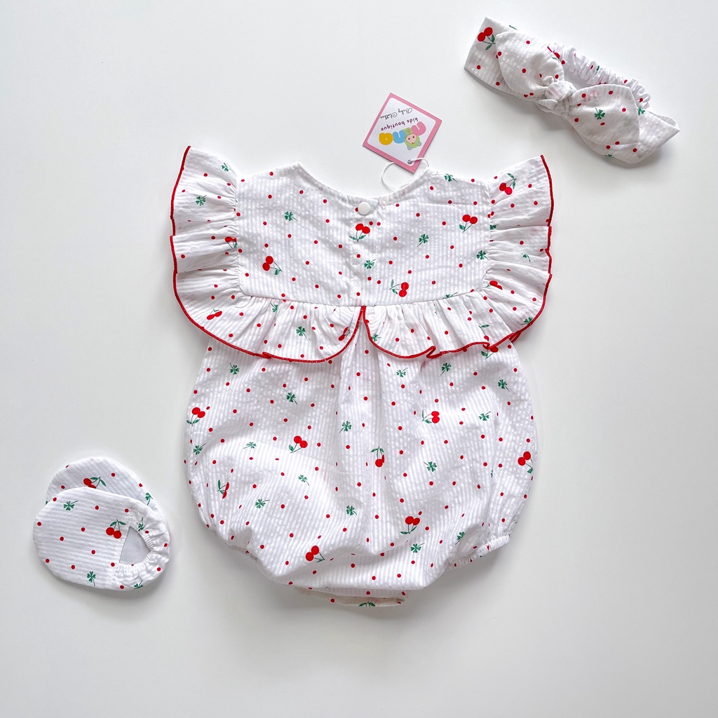 Body cherry cho bé gái Nina Kids Boutique Bộ Jumsuit cho bé gái sơ sinh Đầy tháng Kèm băng đô nơ và giày vải Size 0m 24m