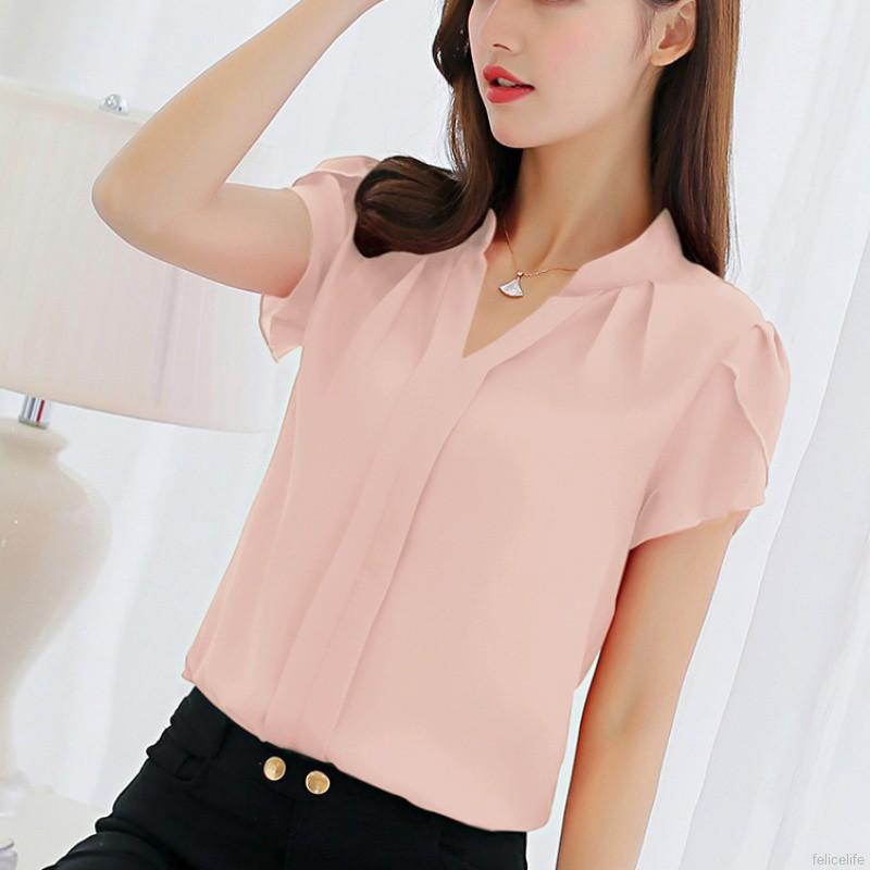 Áo sơ mi voan tay ngắn cổ V thời trang thanh lịch cho nữ