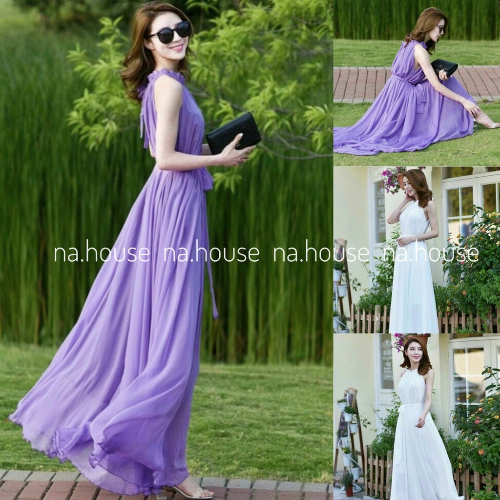 VÁY TRẮNG DÁNG SUÔNG HAI LỚP NAHOUSE ĐẦM MAXI CỘT NƠ ĐI CHƠI ĐI TIỆC CÔNG SỞ THIẾT KẾ SANG TRỌNG