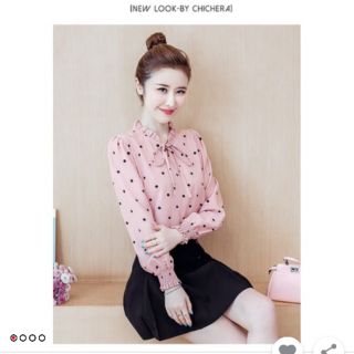 Áo kiểu sơ mi nữ, áo kiểu chấm bi cổ bèo thắt nơ xinh xắn sẽ