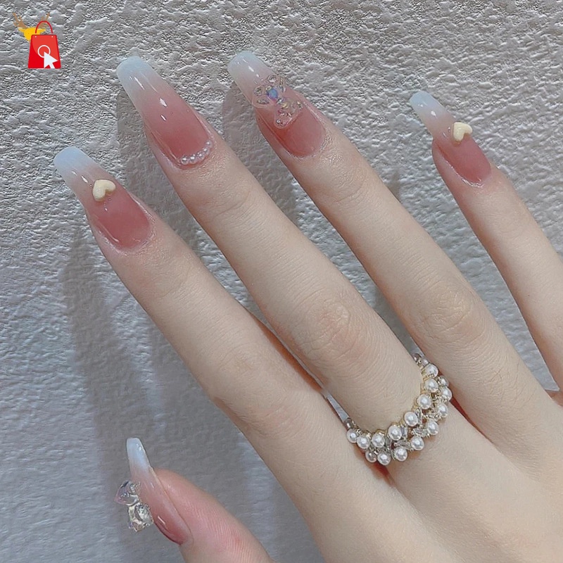 Bộ 24 Móng Tay Giả Trong Suốt Đính Nơ Đá Thời Trang Đáng Yêu Có Keo Dán JP1
