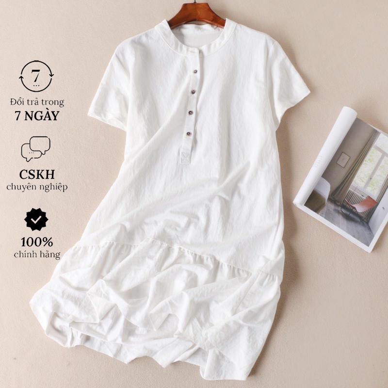 Đầm suông linen tay ngắn trẻ trung, chất vải linen mềm mát, thời trang phong cách Nhật Bản Da80