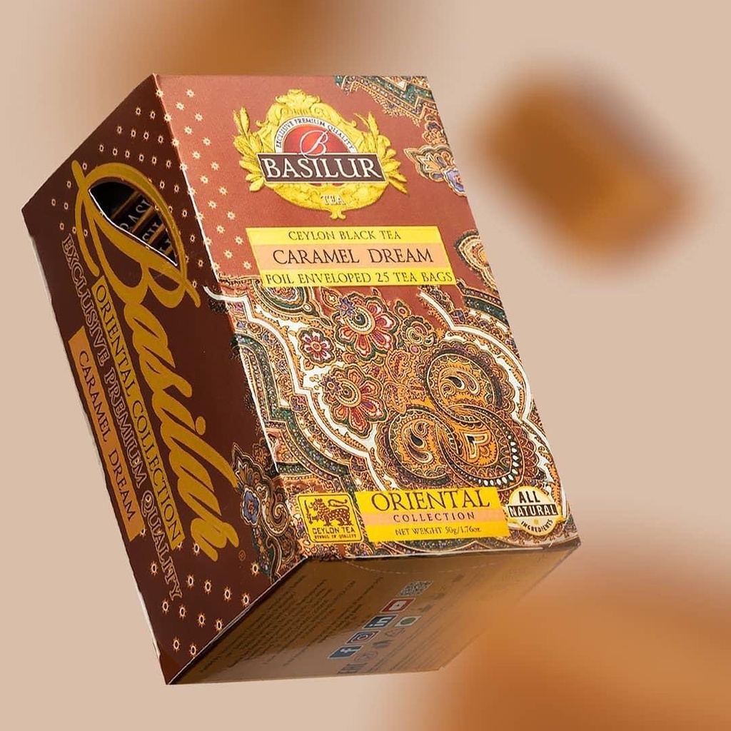 Trà Basilur vị caramel uống hàng ngày hoặc làm quà tặng – Hộp đựng trà 50g