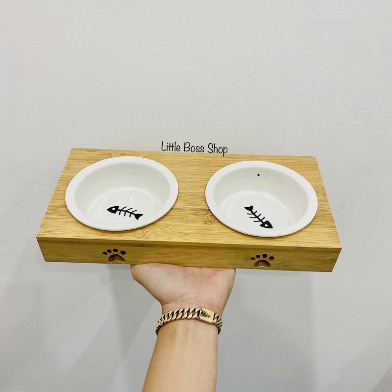 Chén (bát) ăn khung gỗ tháo rời bằng gốm cao cấp cho cún mèo🥣