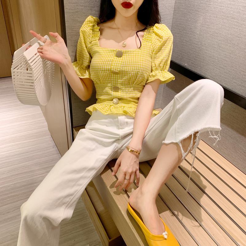 Áo sơ mi tay ngắn hở lưng dáng ôm sọc ca rô thời trang hè cá tính cho nữ