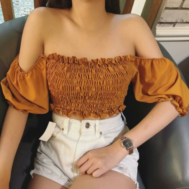ÁO CROPTOP TRỄ VAI NHÚN CHỈ_ÁO KIỂU TRỄ VAI
