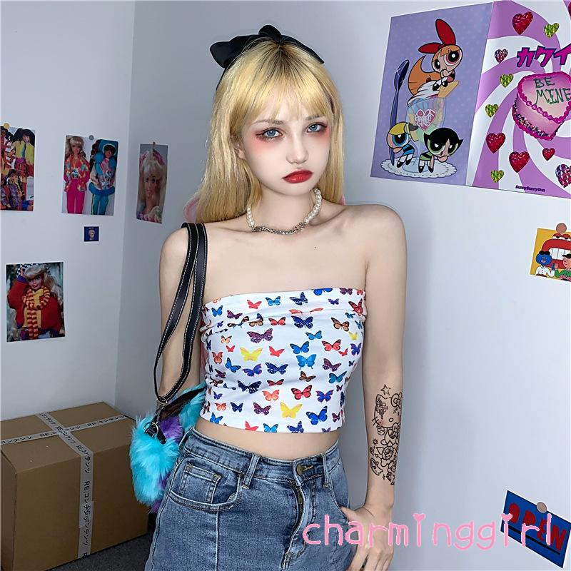 Áo Croptop Không Tay Hở Vai In Hình Bướm Thời Trang Cho Nữ