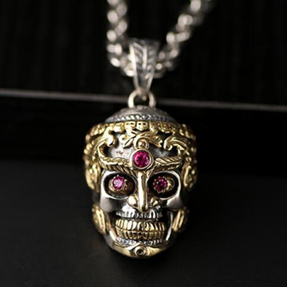 Vàng Punk Skull Đá dát Đá đỏ Garnet Mặt dây chuyền vòng cổ, Trang sức nam Retro