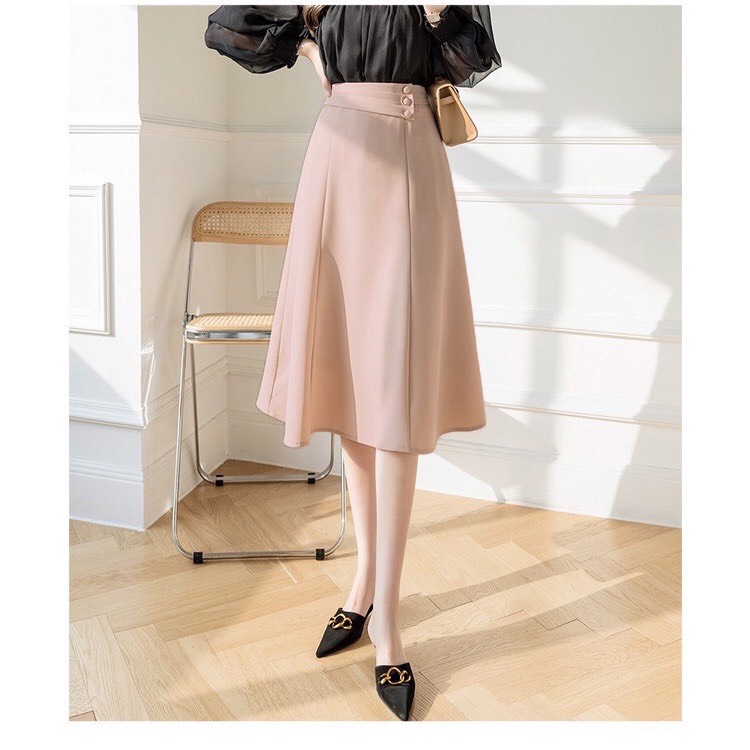 Chân váy xòe midi phối vạt chéo nút bọc vải thiết kế cao cấp TÂY COLLECTION dài 65cm mặc qua gối