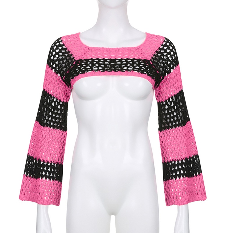 Xiangbao Áo Sweater Crop Top Dệt Kim Tay Dài Màu Sắc Tương Phản Đan Móc Hình Sọc Rỗng Cho Nữ C