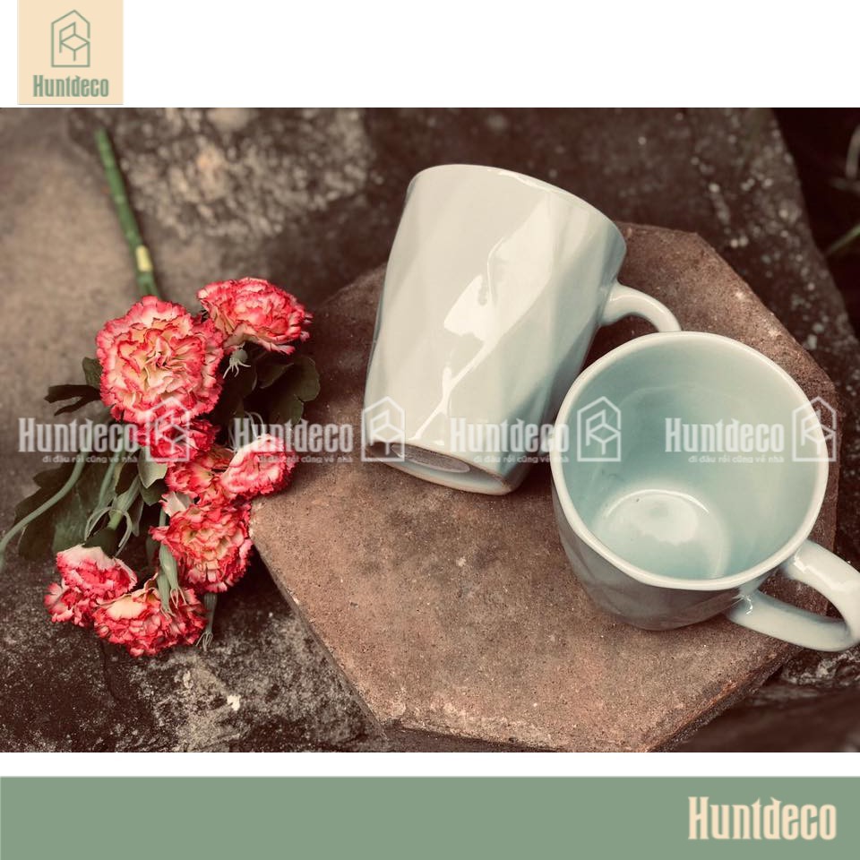 Cốc/ ly sứ cao cấp 2 màu xanh, màu hồng dùng uống nước, cafe , trà sữa đẹp - HUNTDECO