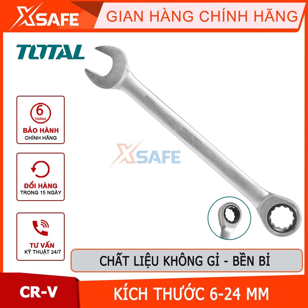 Cờ lê vòng miệng 2 chiều từ động TOTAL, kích thước 6mm, 18mm, 21mm, 22mm, 24mm, chất liệu: Cr-v mạ Crom, bóng mờ - XSAFE