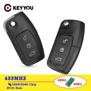  KEYYOU 433 MHz 4D63   4D60 Chip Lật Điều Khiển Từ Xa Chìa Khóa Ô Tô Cho Xe Ford Focus 3 2 Mondeo Fiesta Key Fob Case 3 Nút 80   40 Bit 