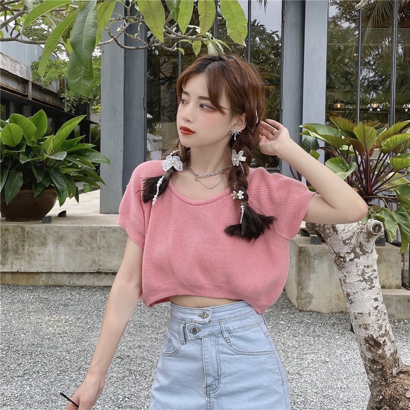 LEEVA - Áo croptop len dệt tay ngắn phối cổ tròn cá tính A233