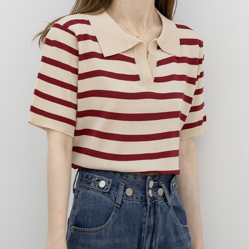 Áo polo IELGY dệt kim tay ngắn cổ bẻ họa tiết kẻ sọc cho nữ