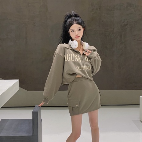 Bộ Áo Sweater Tay Dài Khóa Kéo Nửa In Chữ + Chân Váy Lưng Cao Thời Trang Mùa Thu Phong Cách Hàn Quốc Cho Nữ