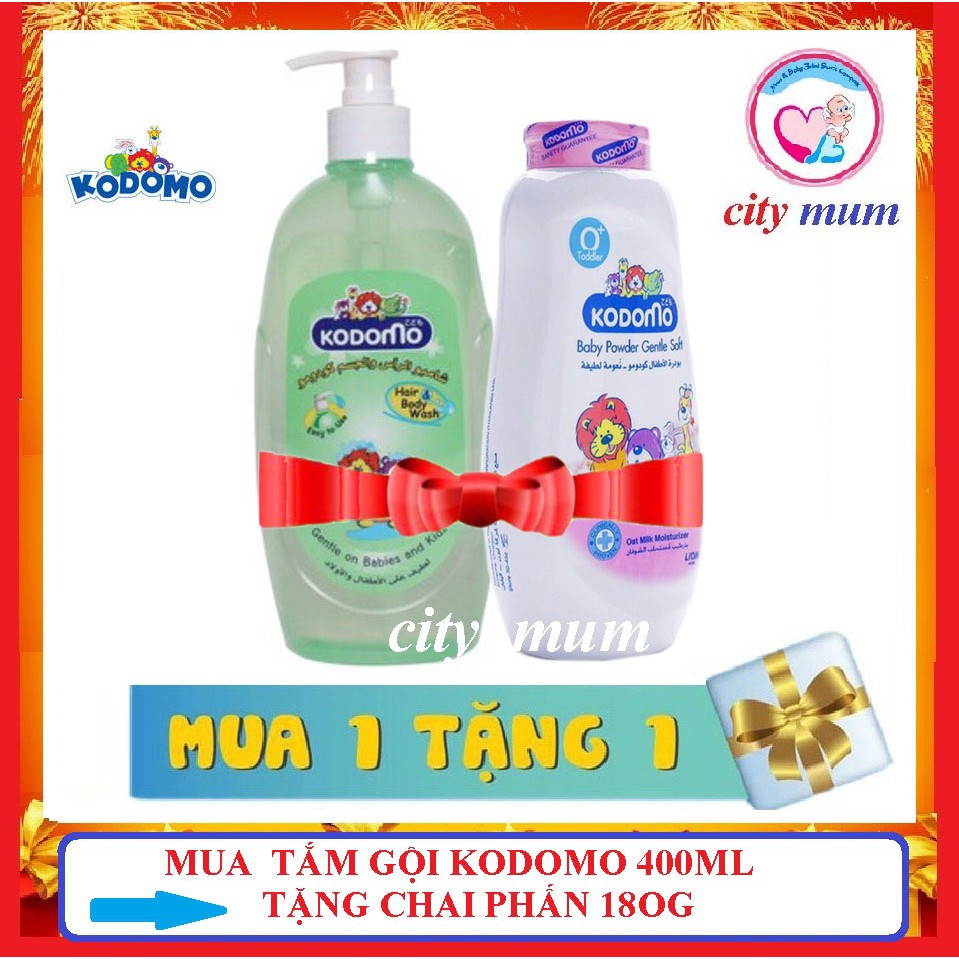 SỮA TẮM GỘI KODOMO CHO BÉ 400ML ( tặng chai phấn thái 180g)