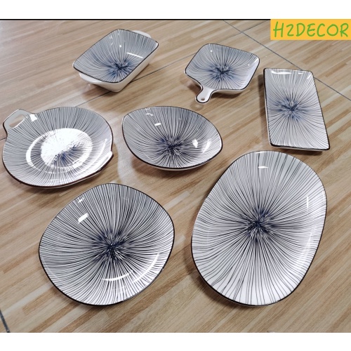 SET Bát Đĩa Gốm Sứ Họa Tiết Sọc Xanh Phong Cách Bắc Âu - H2DECOR